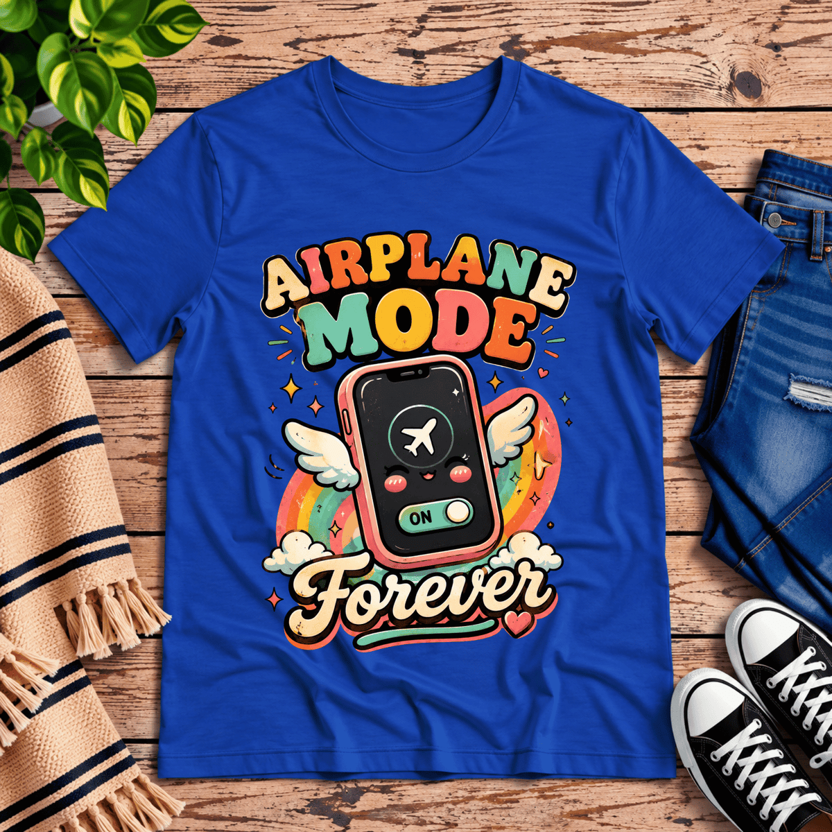 Airplane Mode funny introvert graphic t-shirt cozy flat lay in true royal.