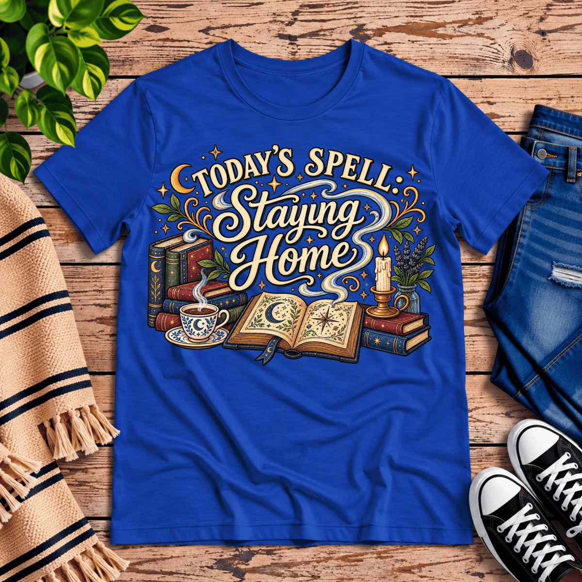 Today's Spell celestial witchy graphic t-shirt cozy flat lay in true royal.