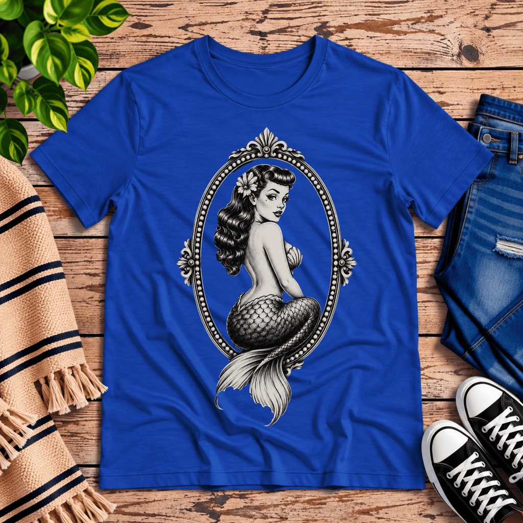 Mermaid Cameo vintage pinup graphic t-shirt cozy flat lay in true royal.