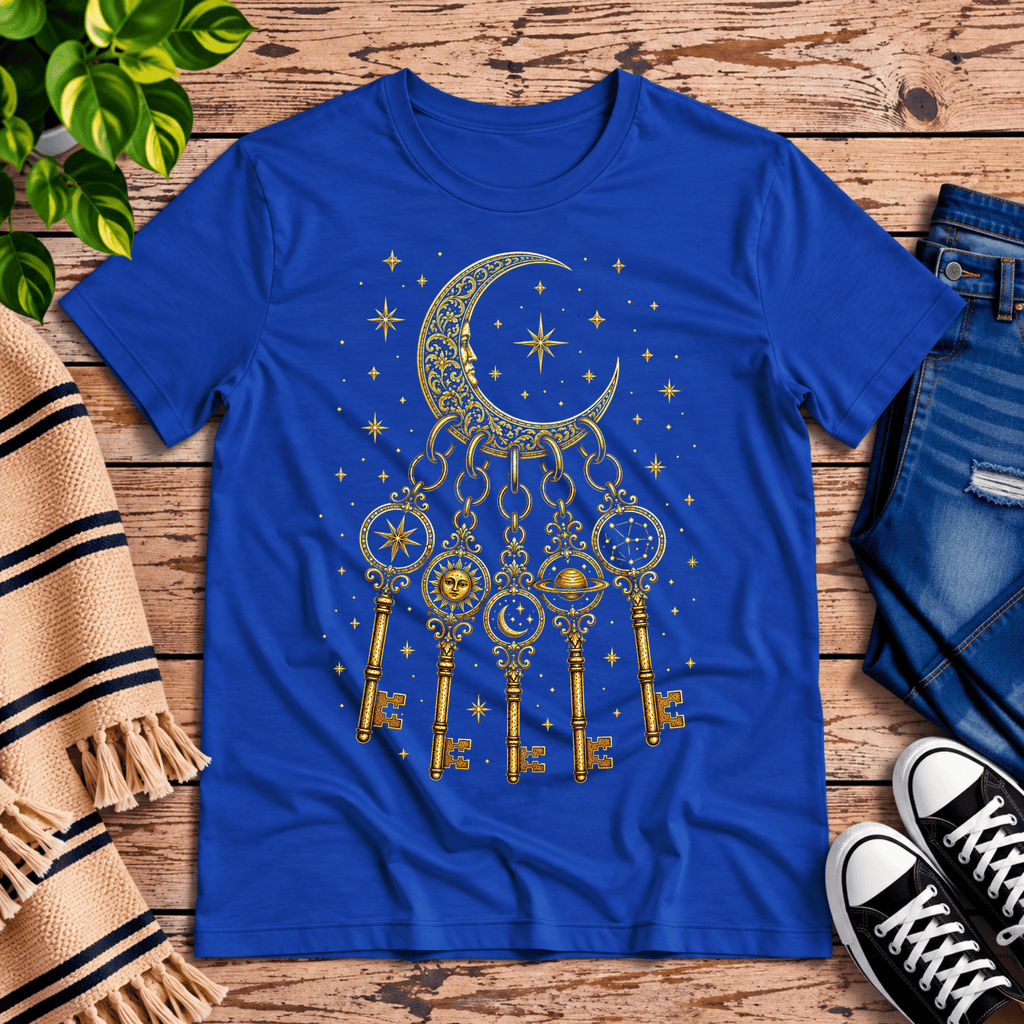 Cosmic Keyring whimsical celestial graphic t-shirt cozy flat lay in true royal.
