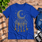 Cosmic Keyring whimsical celestial graphic t-shirt cozy flat lay in true royal.