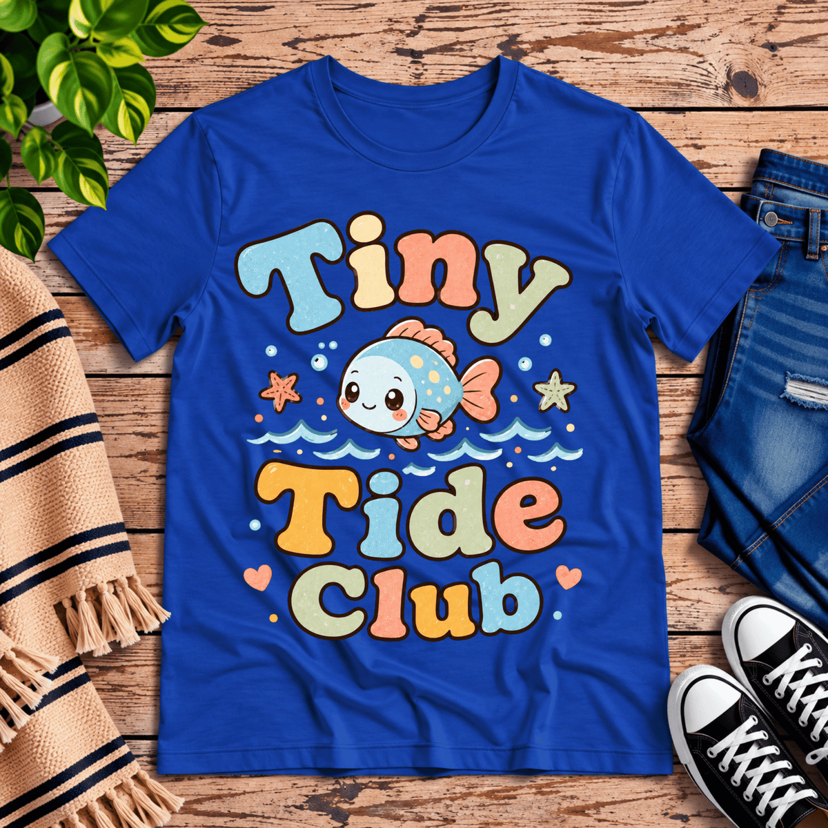 Tiny Tide Club cute animal graphic t-shirt cozy flat lay in true royal.