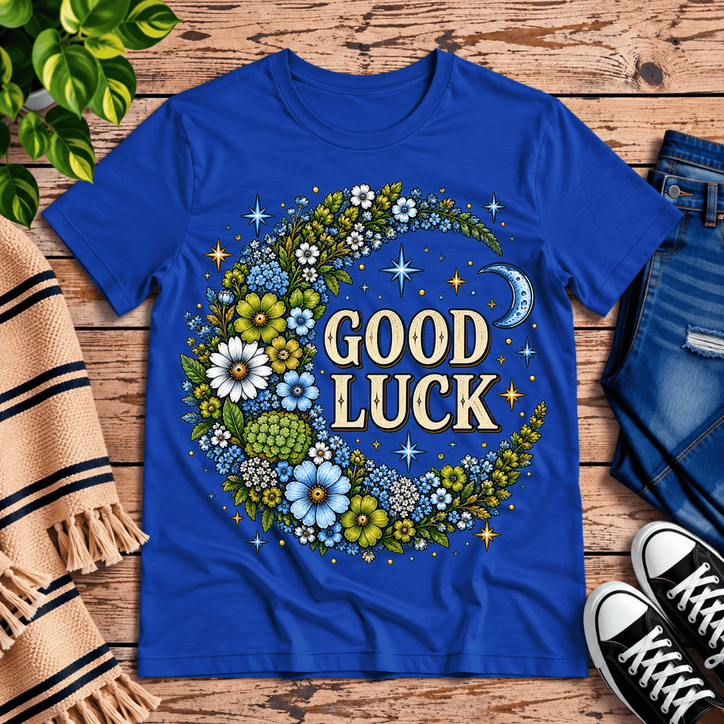 Good Luck In Blue cute celestial graphic t-shirt cozy flat lay in true royal.