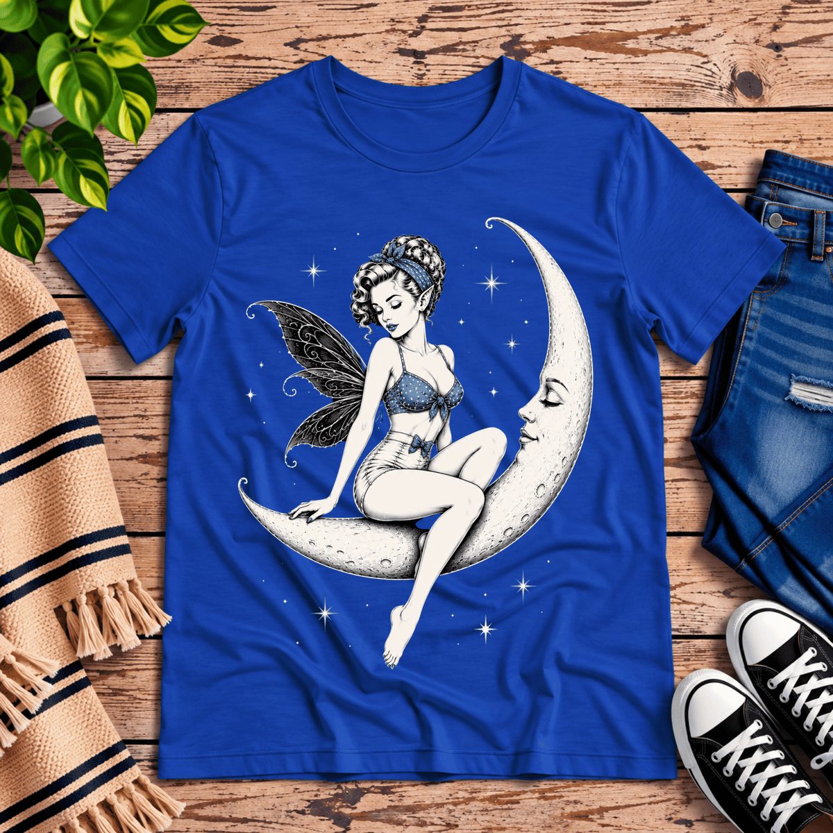 Moonlit Fairy vintage fairy graphic t-shirt cozy flat lay in true royal.