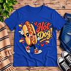 Hot Dog! retro food graphic t-shirt cozy flat lay in true royal.