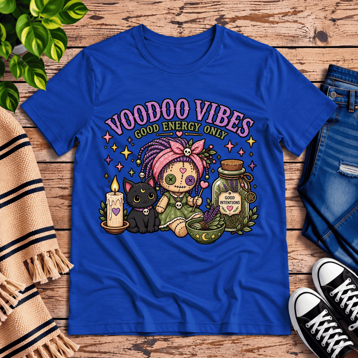 Voodoo Vibes cute magic graphic t-shirt cozy flat lay in true royal.