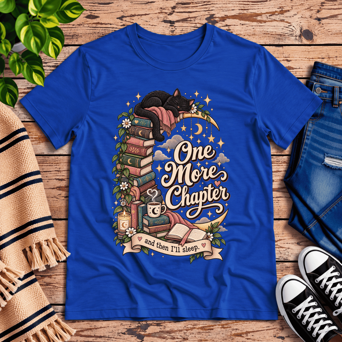 One More Chapter cute book graphic t-shirt cozy flat lay in true royal.