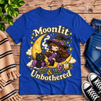 Moonlit & Unbothered cute witchy graphic t-shirt cozy flat lay in true royal.
