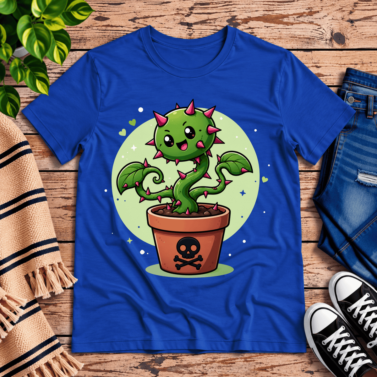 Poison Ivy cute plant graphic t-shirt cozy flat lay in true royal.