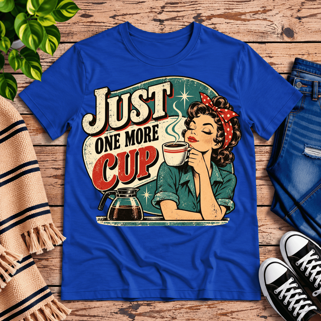 Just One More retro coffee graphic t-shirt cozy flat lay in true royal.