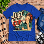 Just One More retro coffee graphic t-shirt cozy flat lay in true royal.