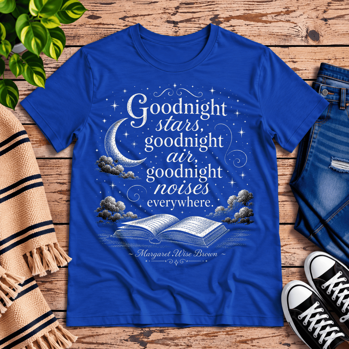 Goodnight Stars book quote graphic t-shirt cozy flat lay in true royal.