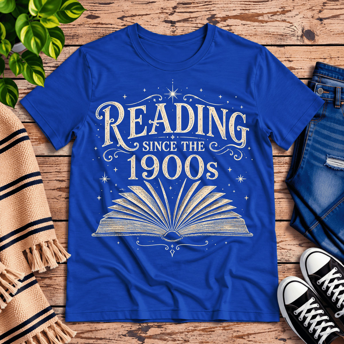 See Jane Read vintage book graphic t-shirt cozy flat lay in true royal.