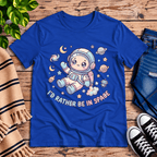 Floating In Space funny introvert graphic t-shirt cozy flat lay in true royal.