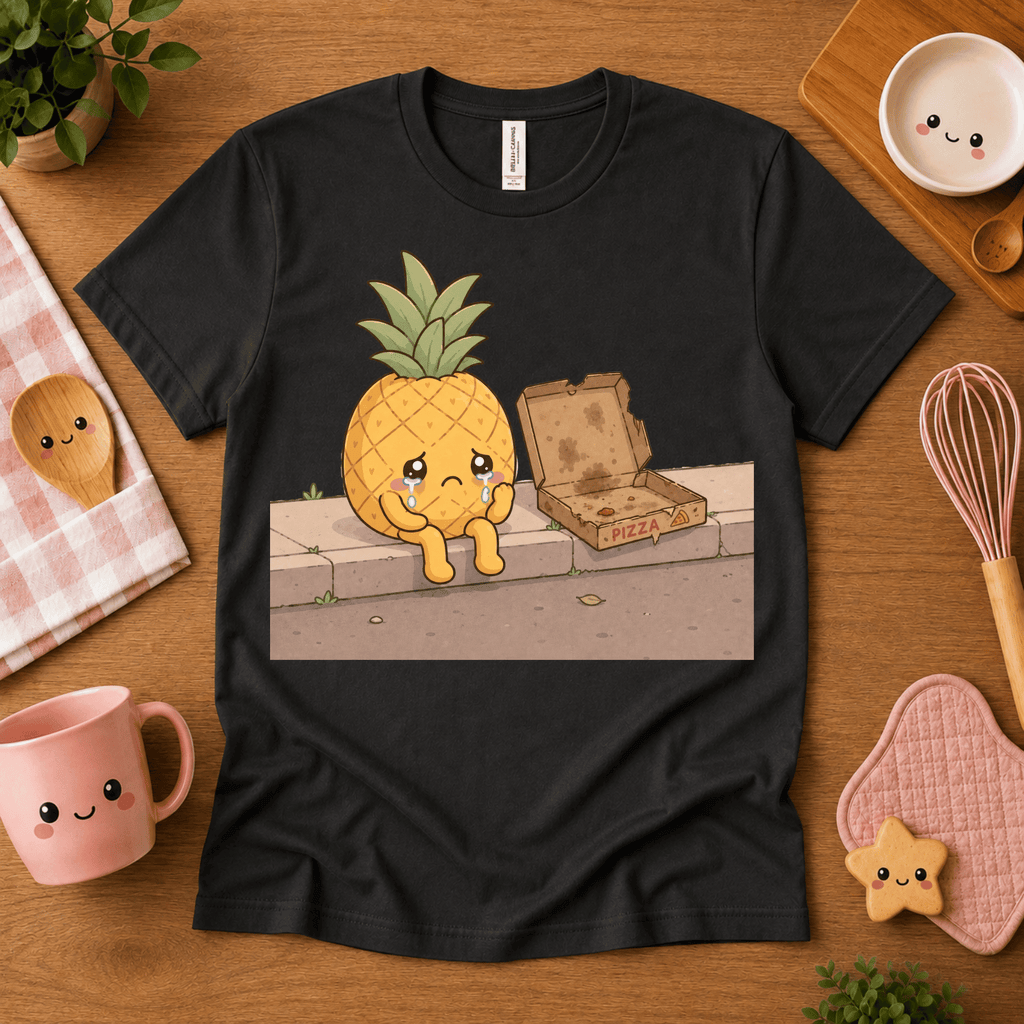 Pineapple Pizza cute food graphic t-shirt cozy flat lay in vintage black.