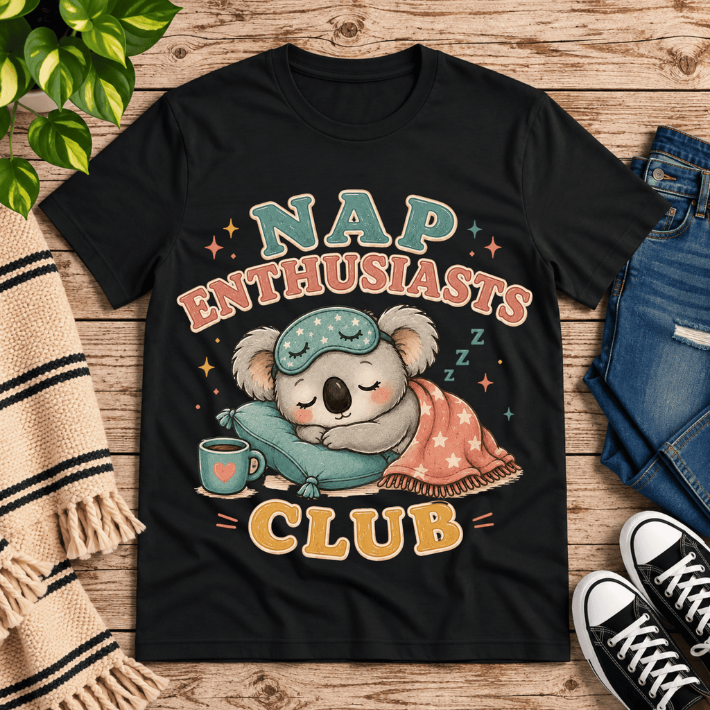 Nap Enthusiasts Club cute animal graphic t-shirt cozy flat lay in vintage black.