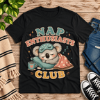 Nap Enthusiasts Club cute animal graphic t-shirt cozy flat lay in vintage black.