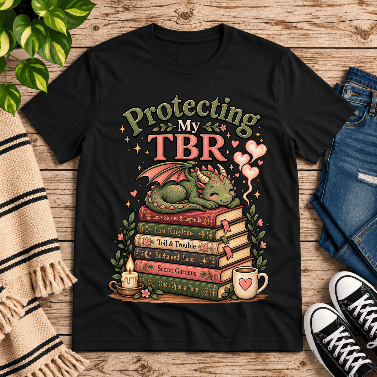 Protecting My TBR cute book graphic t-shirt cozy flat lay in vintage black.