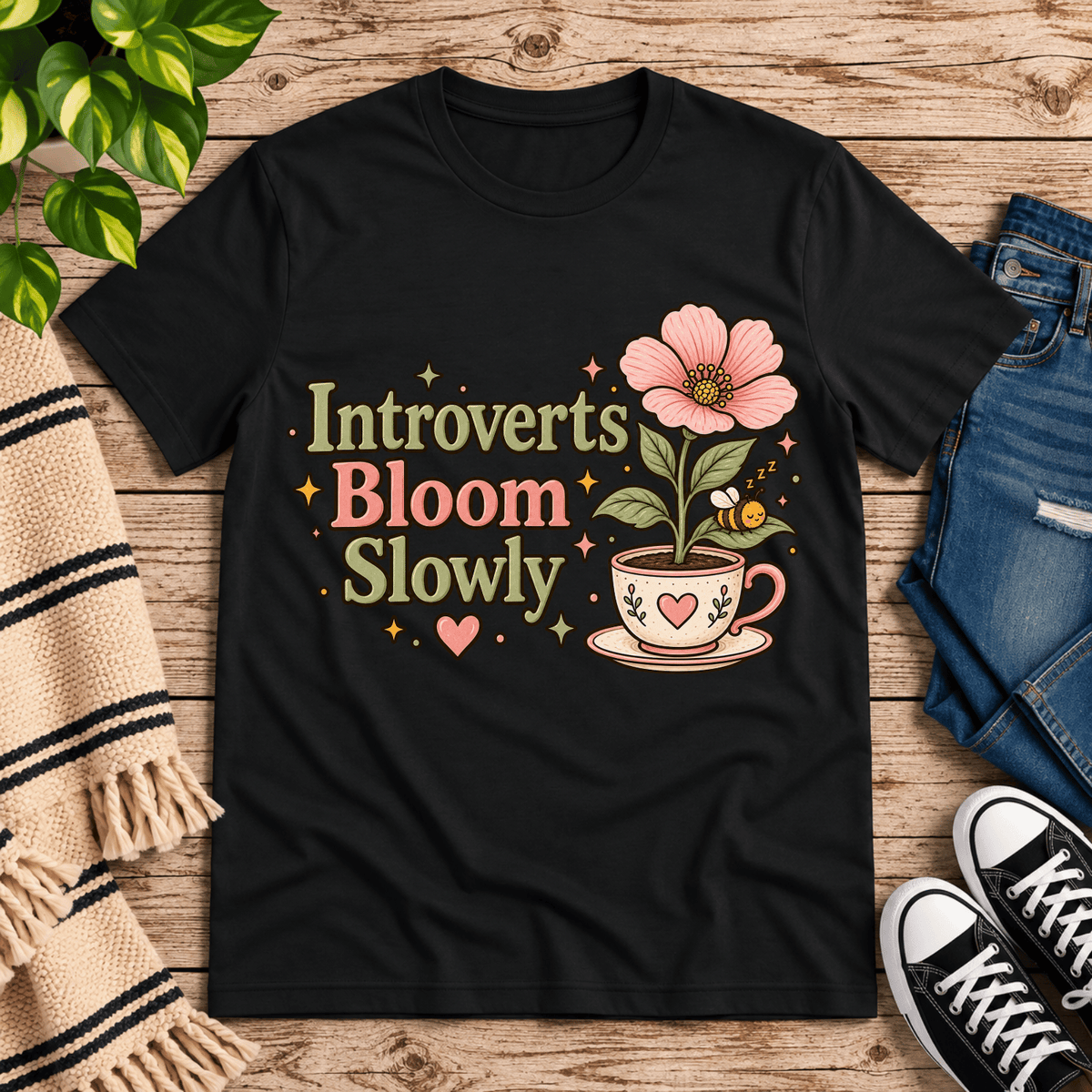 Introverts Bloom Slowly cute plant graphic t-shirt cozy flat lay in vintage black.