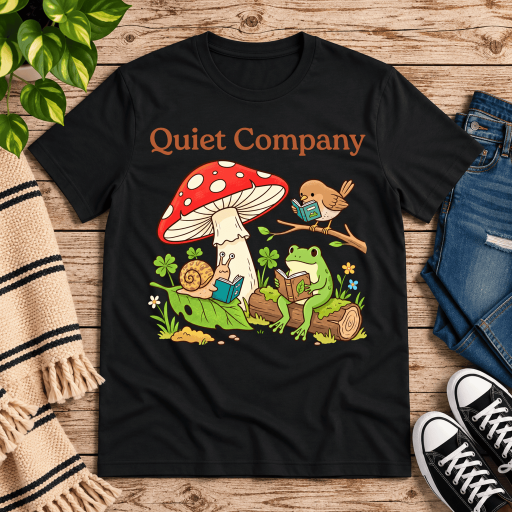 Quiet Company cute cottagecore graphic t-shirt cozy flat lay in vintage black.