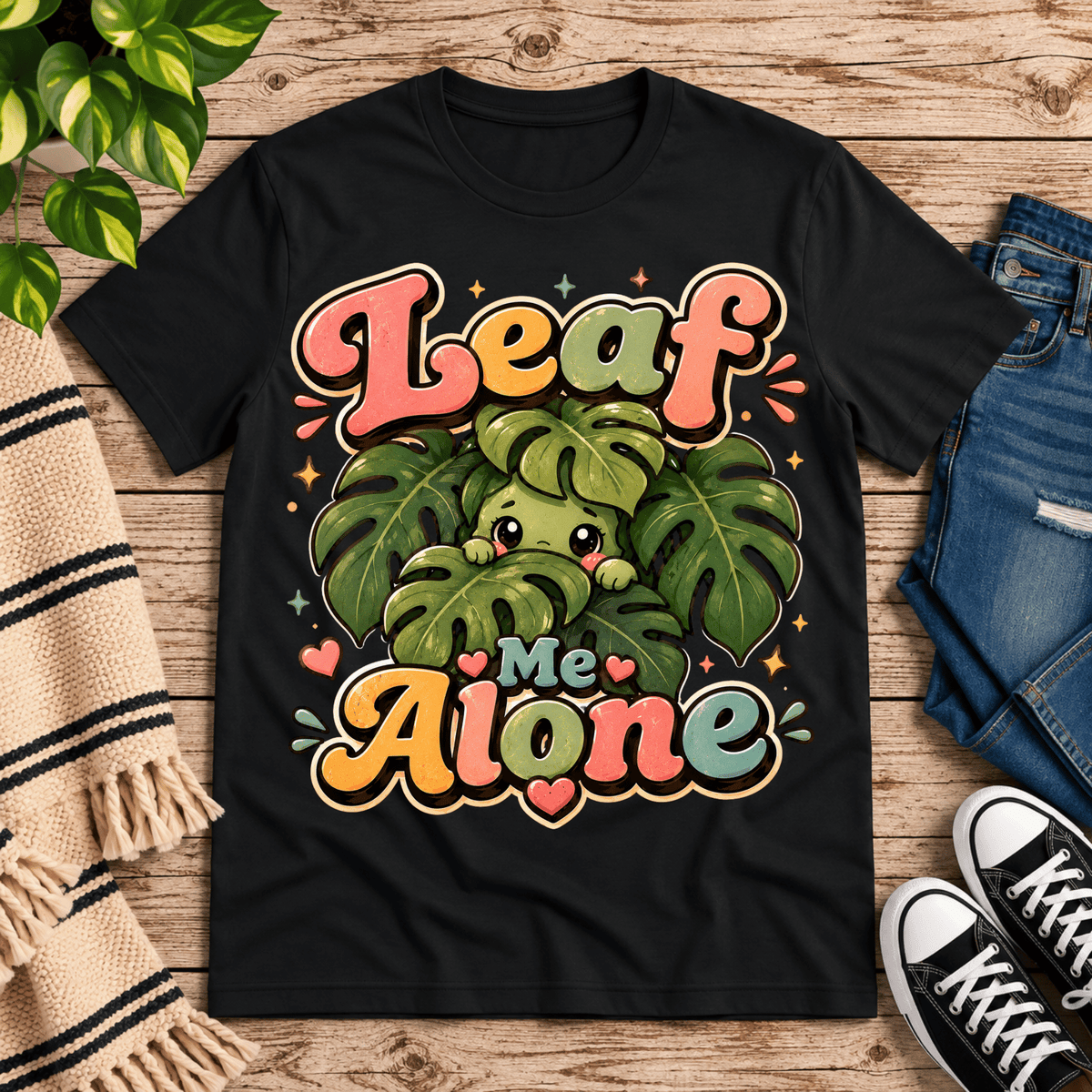 Leaf Me Alone funny nature graphic t-shirt cozy flat lay in vintage black.
