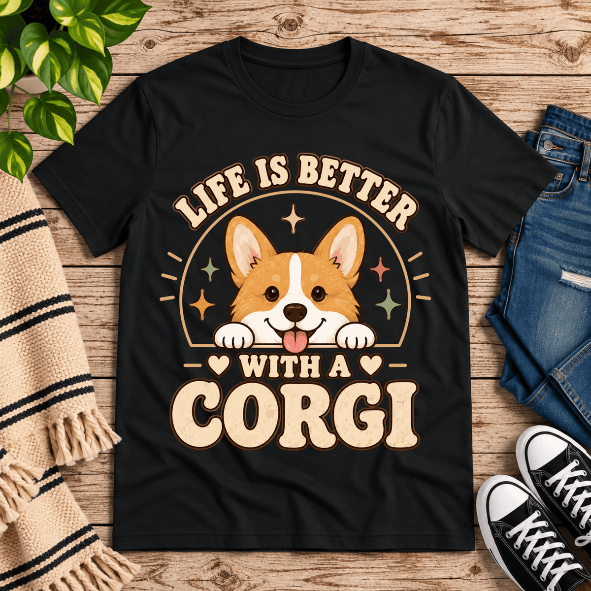 Life Is Better cute animal graphic t-shirt cozy flat lay in vintage black.