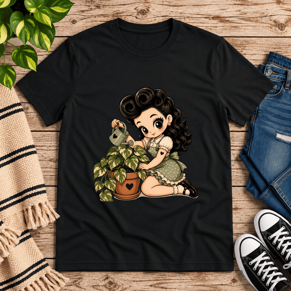 Plant Penny cute pinup graphic t-shirt cozy flat lay in vintage black.