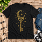 Moonlight Key whimsical celestial graphic t-shirt cozy flat lay in vintage black.