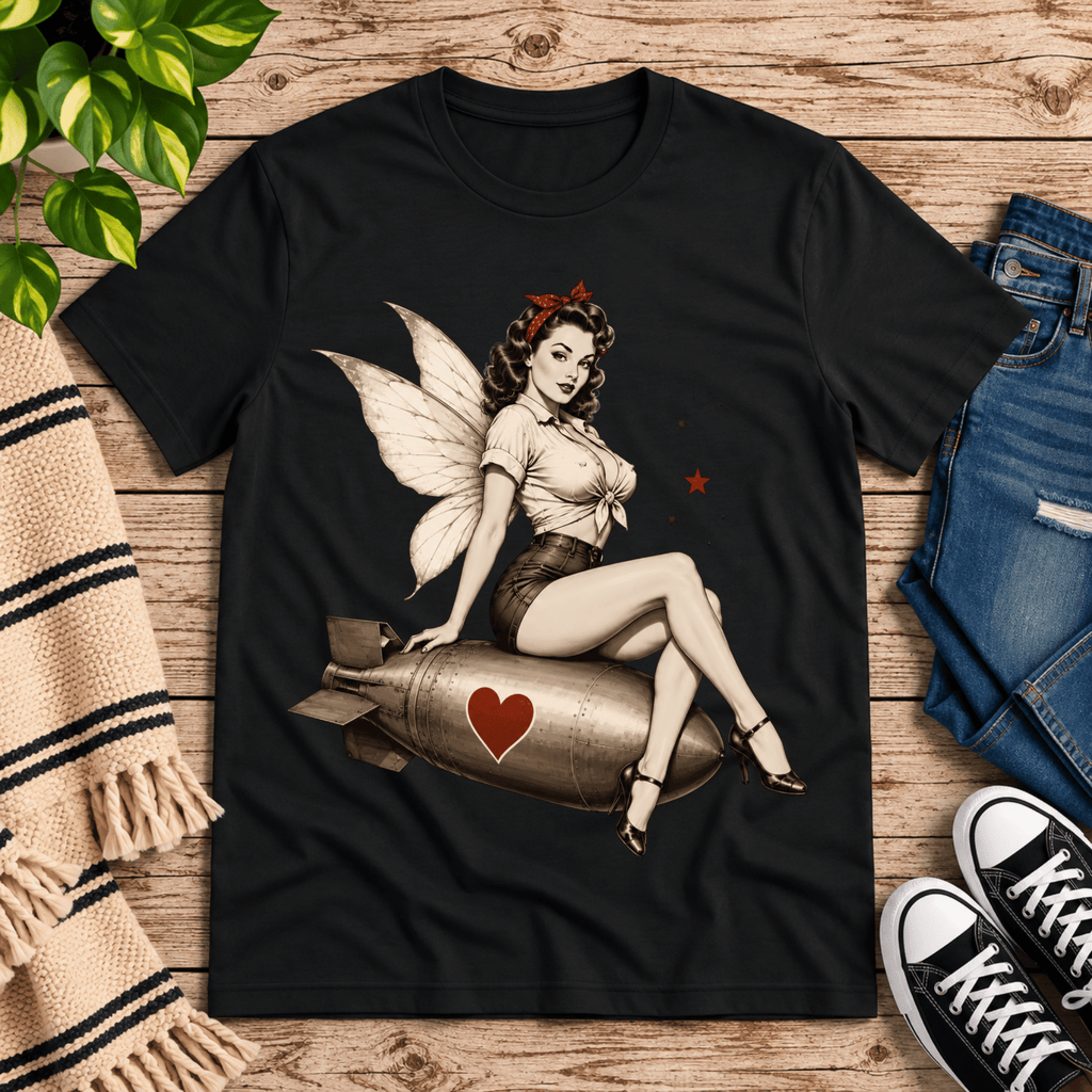 Love Bomb vintage pinup graphic t-shirt cozy flat lay in vintage black.