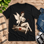 Love Bomb vintage pinup graphic t-shirt cozy flat lay in vintage black.