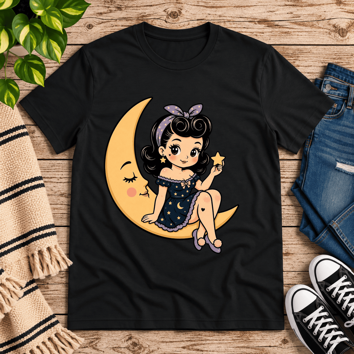 Moonlight Millie cute pinup graphic t-shirt cozy flat lay in vintage black.