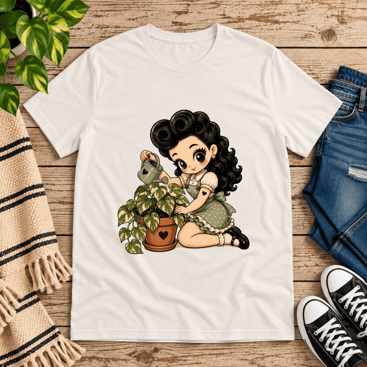 Plant Penny cute pinup graphic t-shirt cozy flat lay in vintage white.