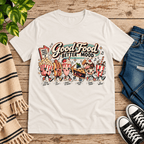 Good Food retro food graphic t-shirt cozy flat lay in vintage white.