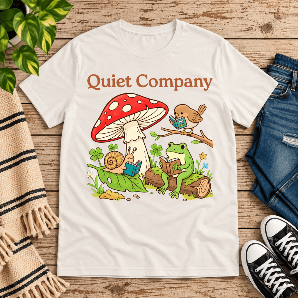 Quiet Company cute cottagecore graphic t-shirt cozy flat lay in vintage white.