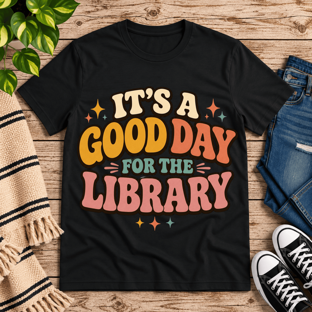 It's A Good Day book lovers graphic t-shirt cozy flat lay in vintage black.