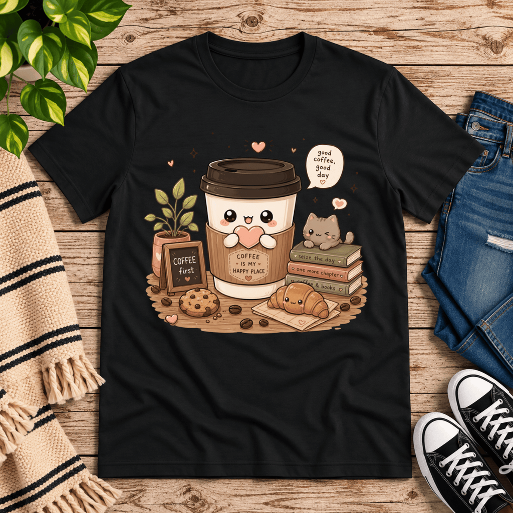 Good Coffee graphic t-shirt cozy flat lay in vintage black.