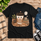 Good Coffee graphic t-shirt cozy flat lay in vintage black.