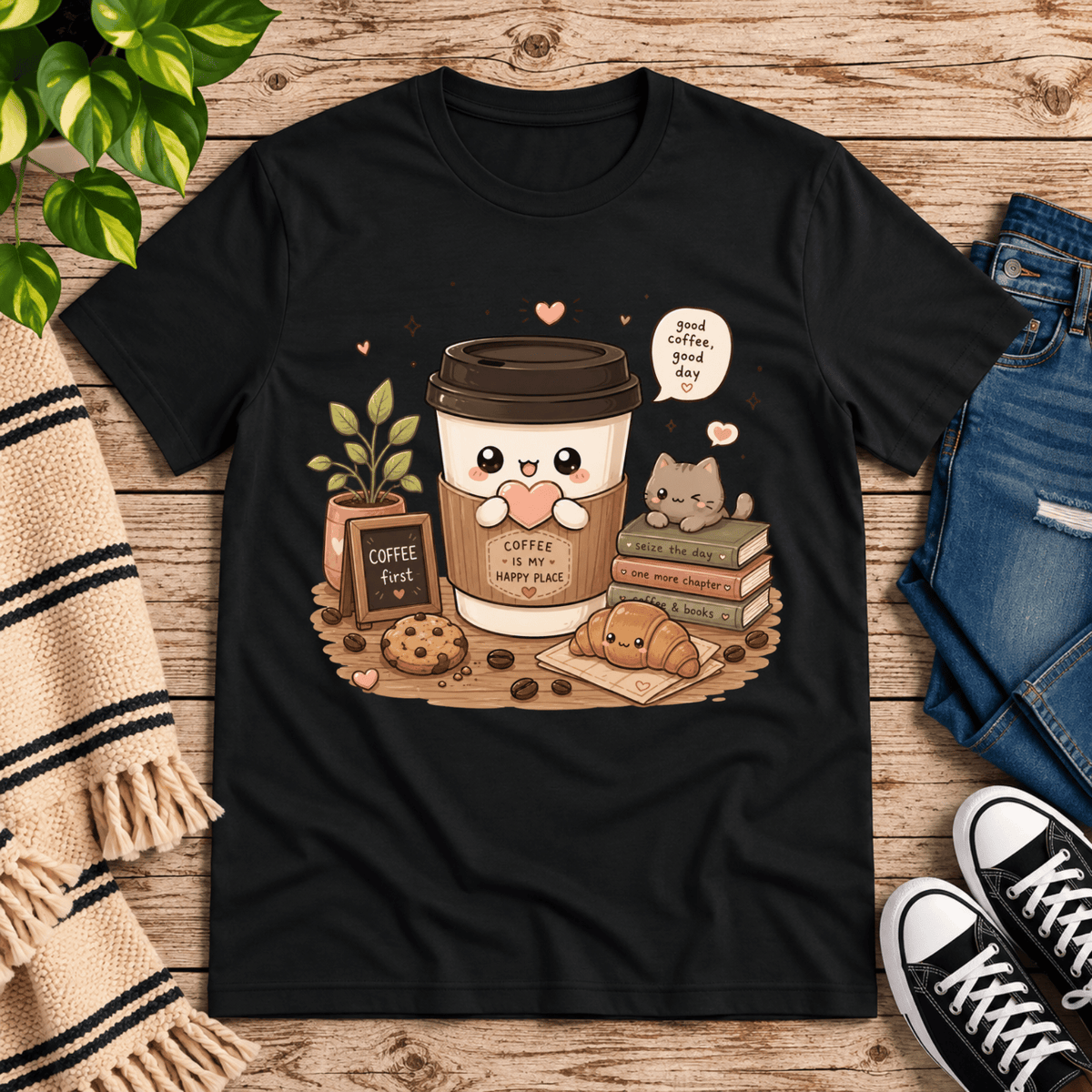 Good Coffee graphic t-shirt cozy flat lay in vintage black.