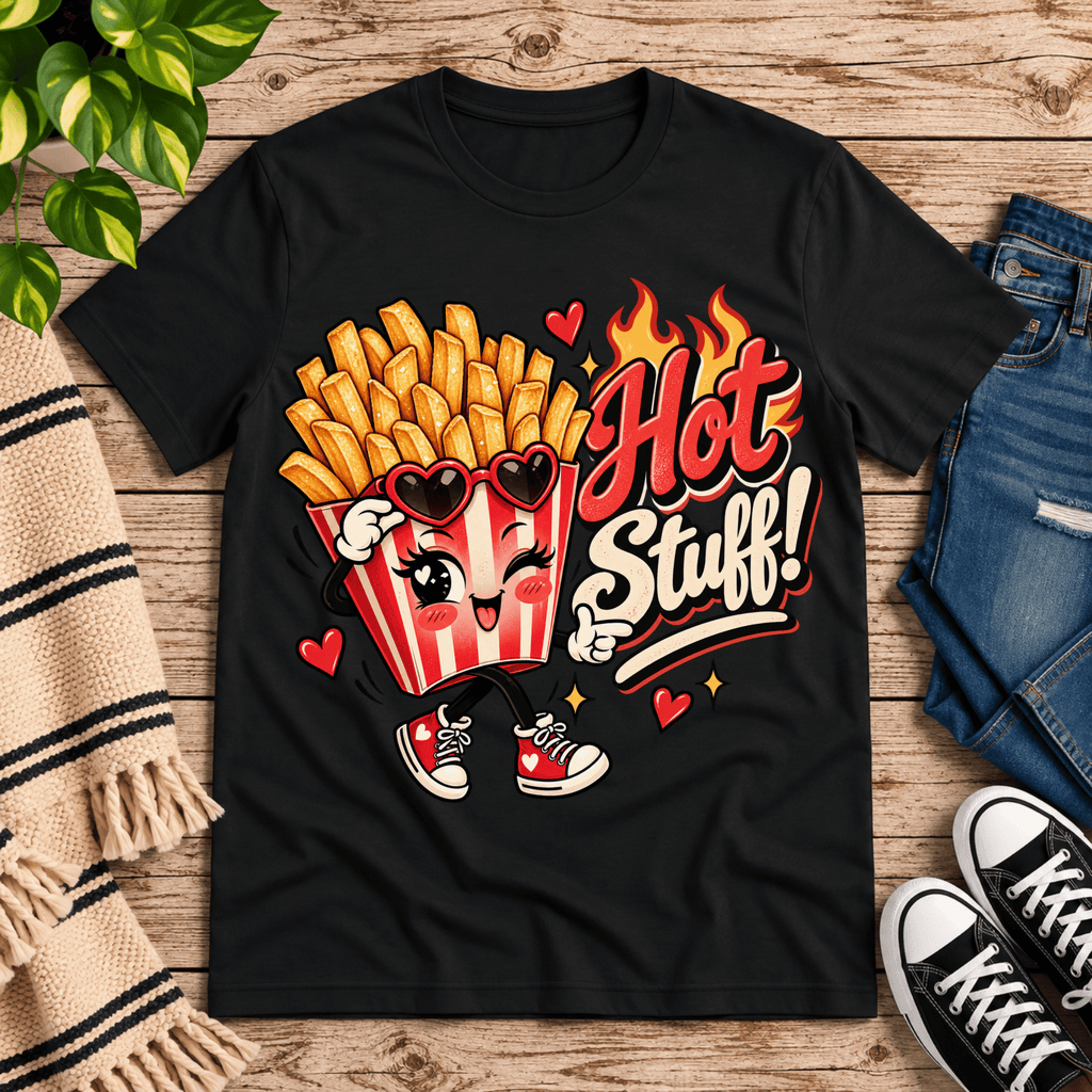 Hot Stuff retro food graphic t-shirt cozy flat lay in vintage black.