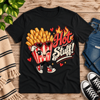 Hot Stuff retro food graphic t-shirt cozy flat lay in vintage black.