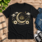 Protected Energy celestial mystic graphic t-shirt cozy flat lay in vintage black.
