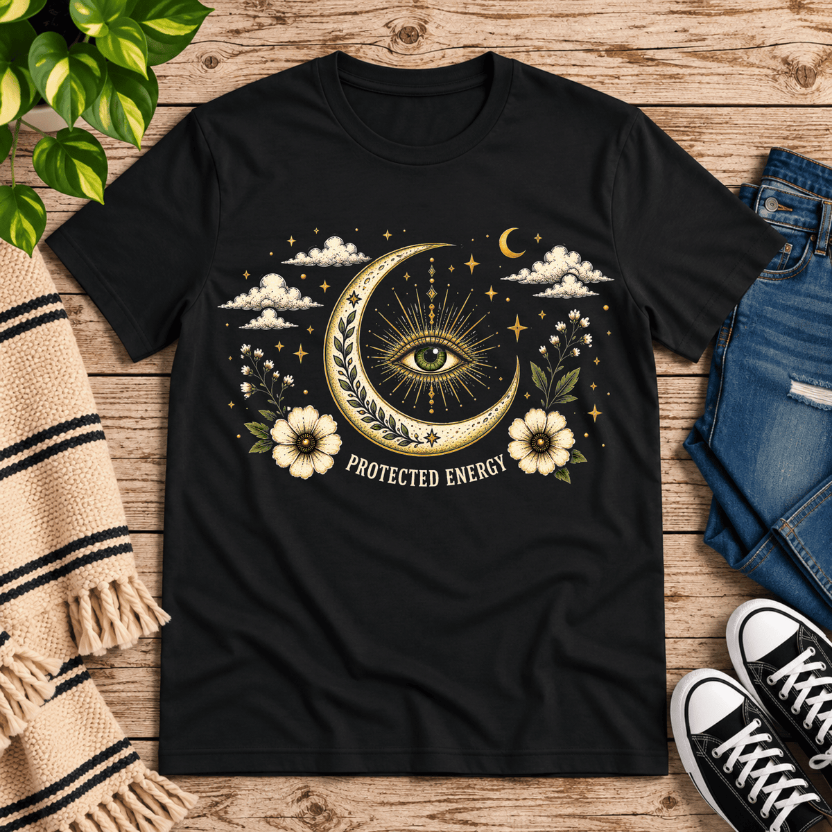 Protected Energy celestial mystic graphic t-shirt cozy flat lay in vintage black.