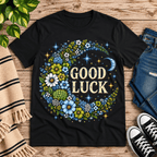 Good Luck In Blue cute celestial graphic t-shirt cozy flat lay in vintage black.