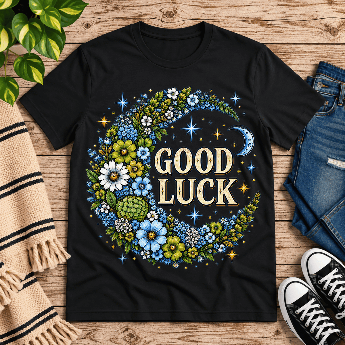Good Luck In Blue cute celestial graphic t-shirt cozy flat lay in vintage black.