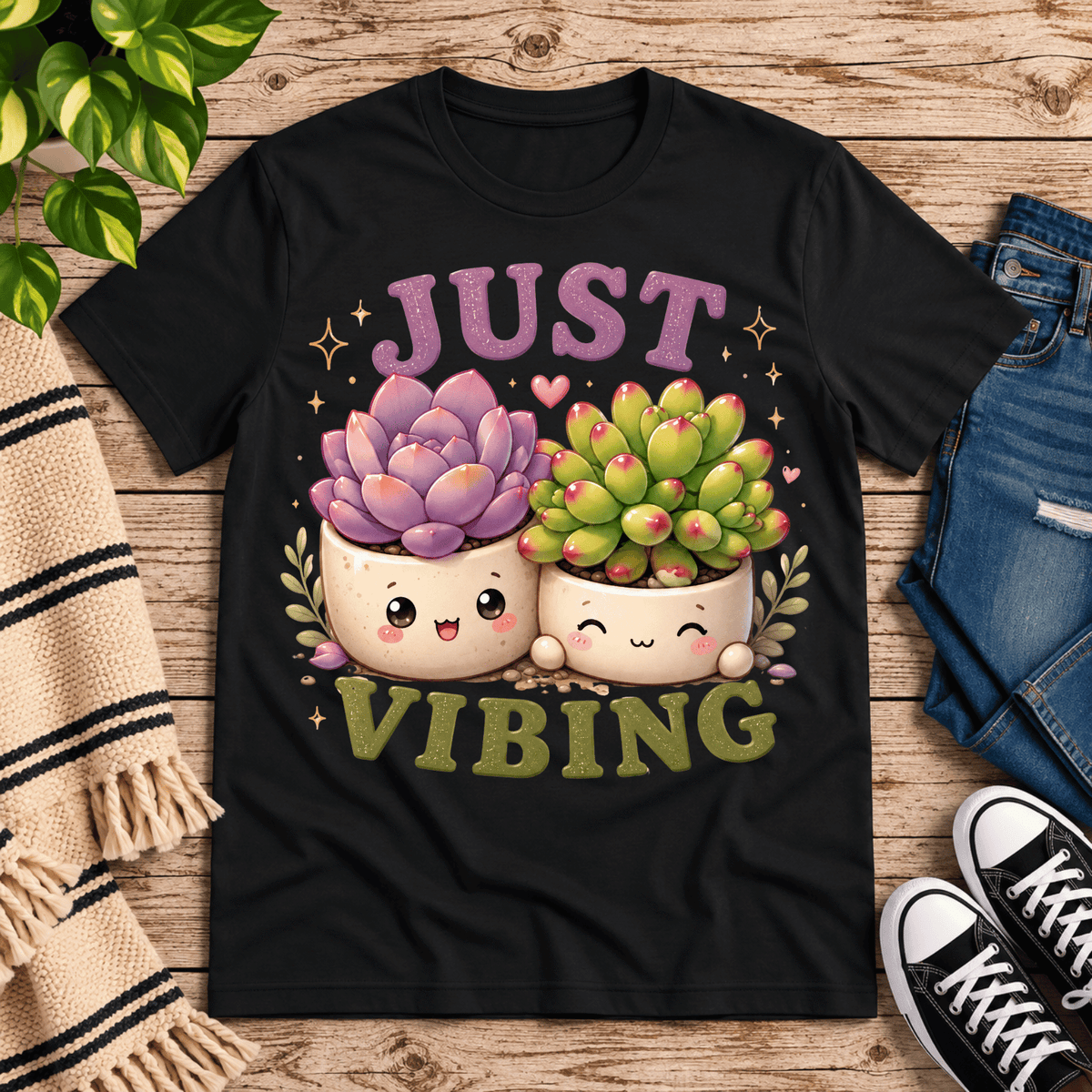 Succulent Vibing funny plant graphic t-shirt cozy flat lay in vintage black.