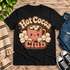 Hot Cocoa Club cute coffee graphic t-shirt cozy flat lay in vintage black.