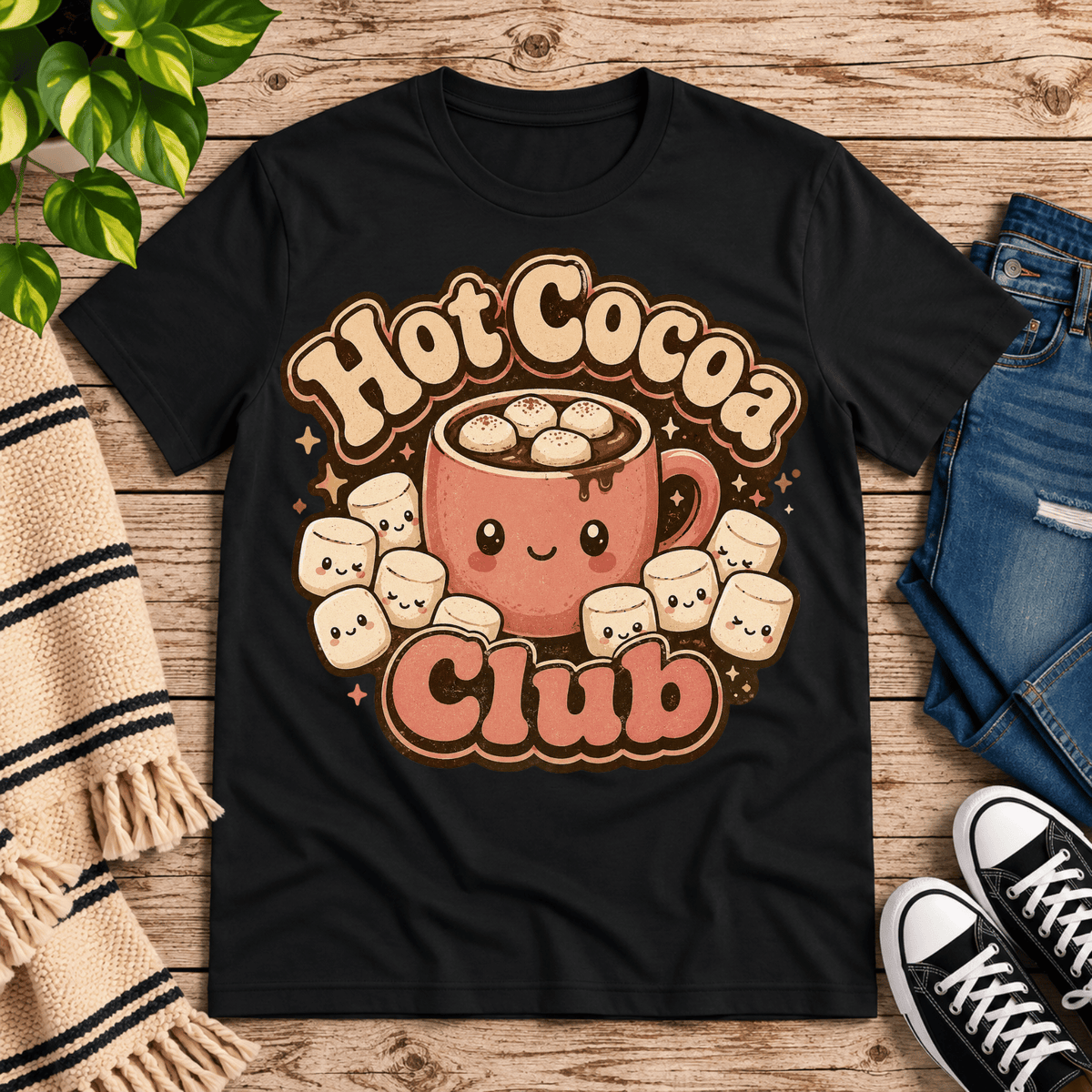 Hot Cocoa Club cute coffee graphic t-shirt cozy flat lay in vintage black.