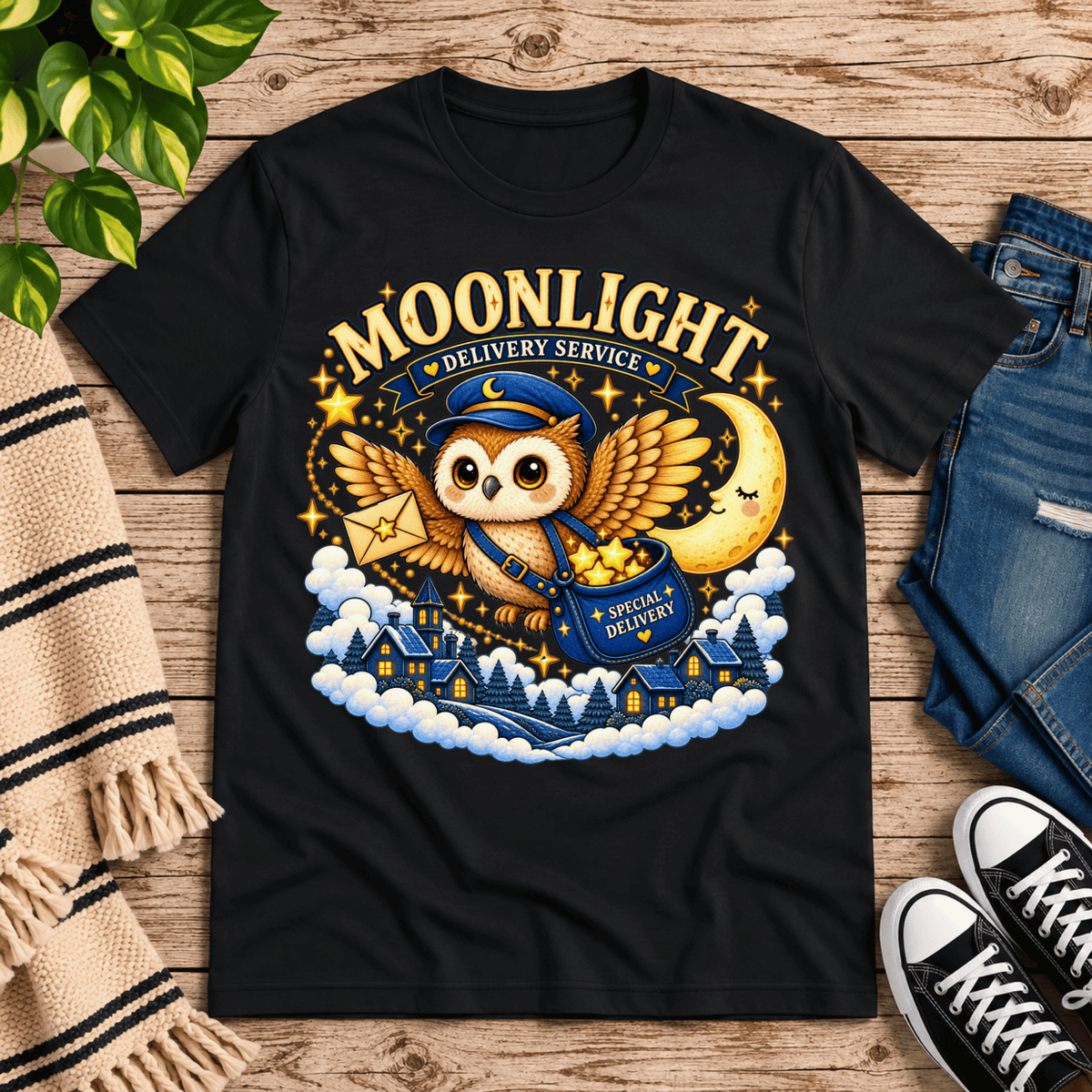 Moonlight Delivery cute animal graphic t-shirt cozy flat lay in vintage black.