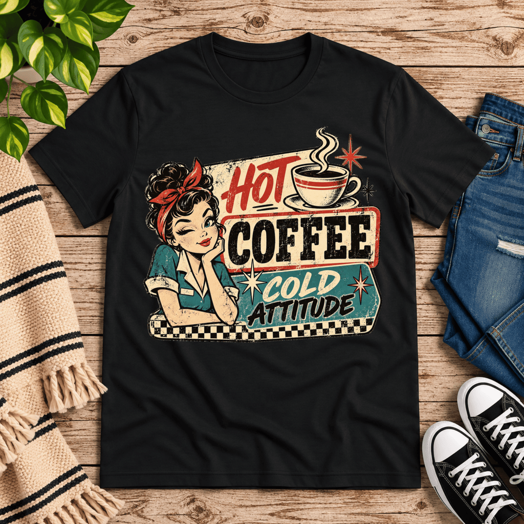 Hot Coffee retro coffee graphic t-shirt cozy flat lay in vintage black.