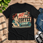 Hot Coffee retro coffee graphic t-shirt cozy flat lay in vintage black.